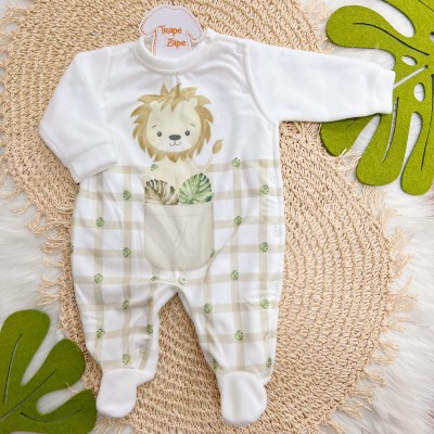 Macacão em Soft Leãozinho - Off White e Verde